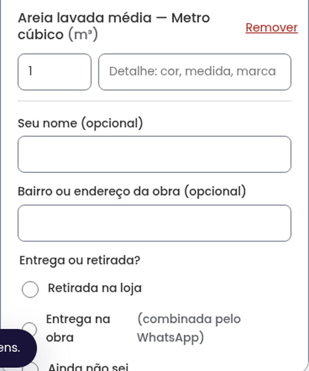 Preparação da mensagem de orçamento no site antes do envio