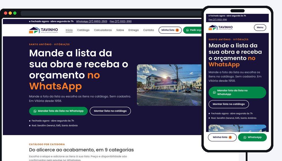 Site da Tavinho Materiais de Construção em computador e celular