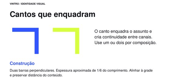 Página do manual da Vintro explicando o elemento gráfico de cantos em azul e lima.