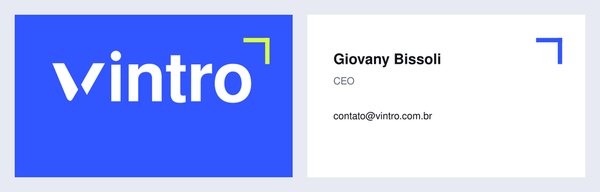 Arte do cartão de visita da Vintro: frente azul com o logotipo e verso branco com nome, cargo e e-mail.