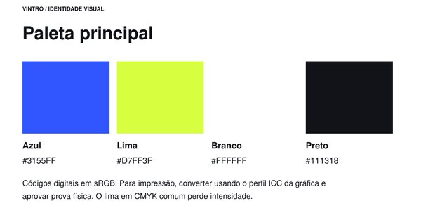 Página do manual da Vintro com a paleta principal: azul, lima, branco e preto, com os códigos de cor.