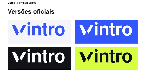 Versões oficiais do logotipo da Vintro em azul, branco, preto e lima